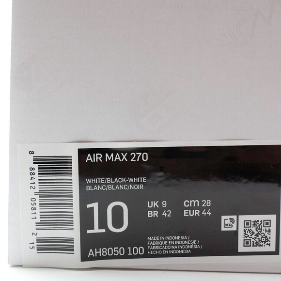 Nike Air Max 270 White Black Sneakers AH8050-100 Men\'s Size 10 main image 7